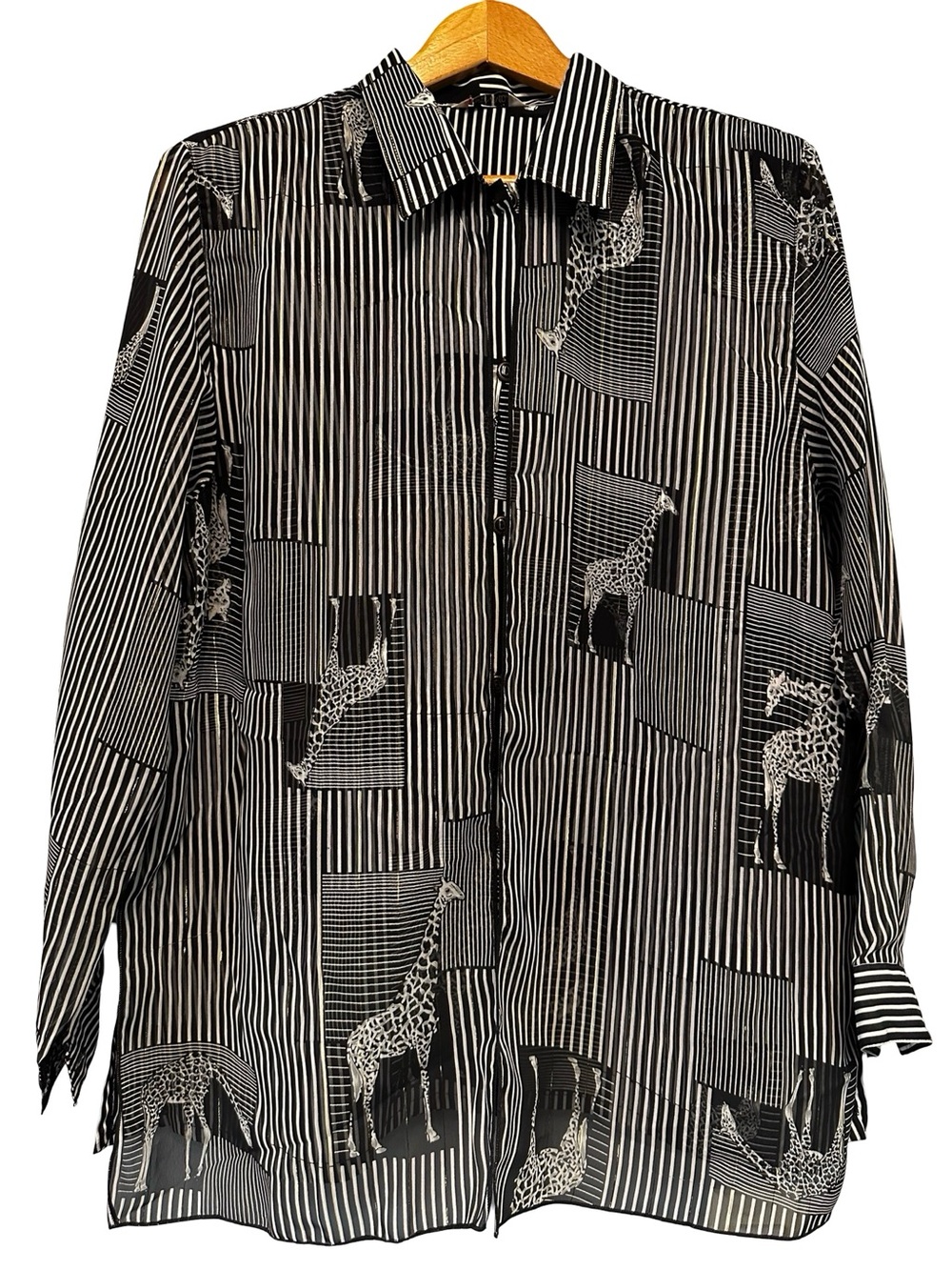 VTG WON MOA Black White Giraffe Print Button Front Blouse XL Striped Animal